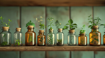 A whimsical scene of a pharmacy shelf with bottles that have tiny plants growing inside them, hd, with copy space