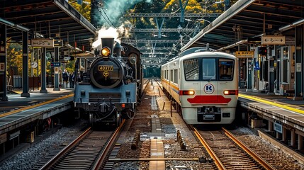 Steam Train And Modern Passenger Train Side By Side Busy Station, With Platforms Lined With Passengers