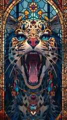 Obraz premium A cat with a mouth wide open is shown in a stained glass window