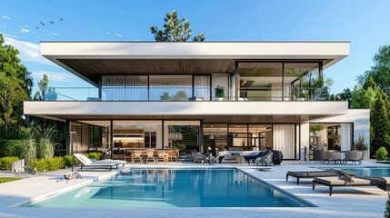 Fototapeta premium Moderne Villa mit Flachdach und Swimmingpool im Garten - Relaxen auf LiegestÃ¼hlen