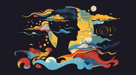 Naklejka premium Colorful abstract background with clouds, sun and stars.