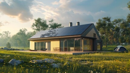 Obraz premium Renewable energy concept. Modern residential cottage with solar panels on the roof