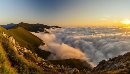 panoramic view above clouds with beautiful sunset