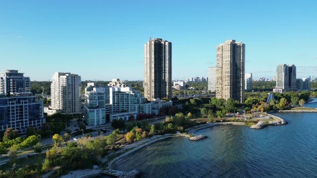 Aerial drone footage of highrise buildings in Humber Bay Etobicoke Toronto Canada on a sunny day with blue sky