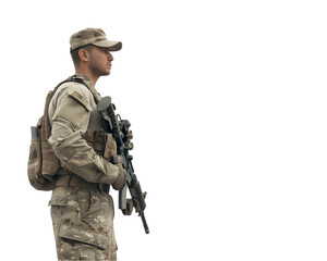 Fototapeta premium Soldier standing guard vigilant protection, security concept isolated on white background
