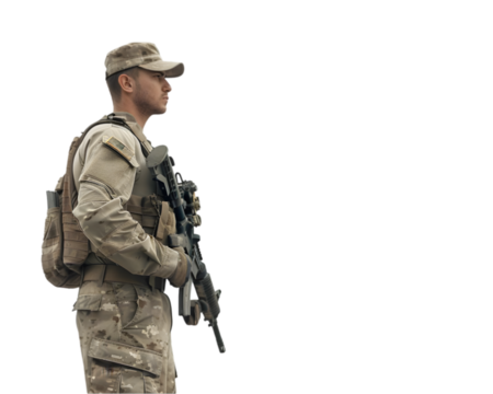 Soldier standing guard vigilant protection, security concept isolated on white background