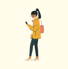 girl walks against a plain background with a hands-on mobile device flat vector illustration