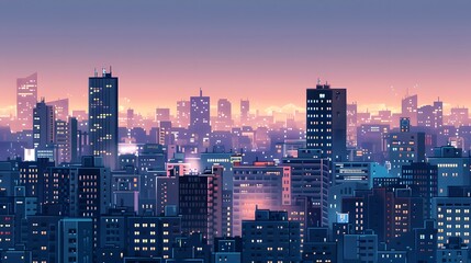 City skyline at dusk with illuminated buildings, showcasing urban architecture and vibrant evening atmosphere.