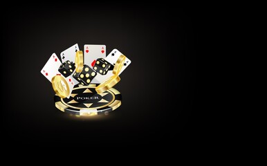Online casino, black banner with welcome bonus, button, gold casino playing cards, dice and poker chips on gold podium with yellow neon ring on background