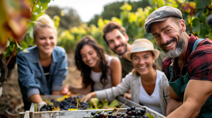 Fototapeta premium group of young people manual harvesting of grapes for viniculture in summer season