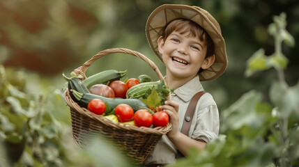 a 7 years old kid is holding a basket with tomatoes, cucumbers, and zucchinis