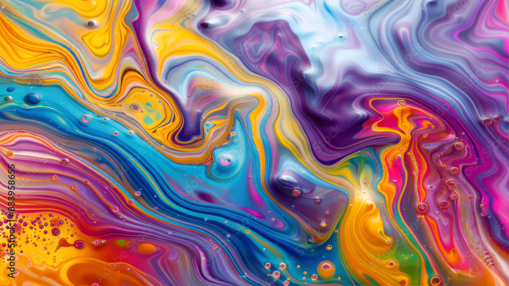 Poster 3d a closeup of an oil slick on the ground, with vibrant colors and swirling patterns that create an
