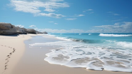 A Beautiful, Tranquil Beach with Footprints Leading towards the Distant Rocks
