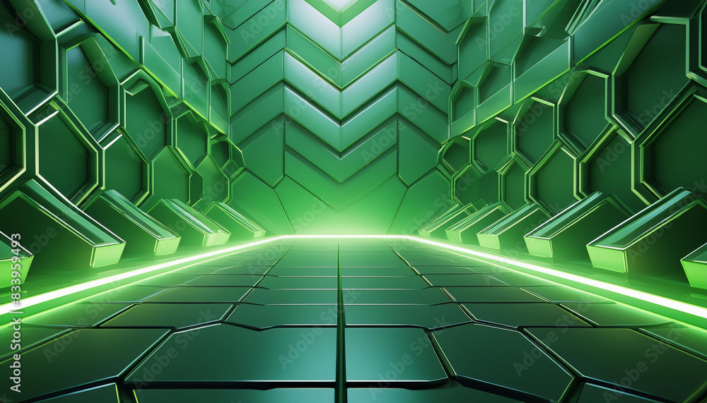 Poster 3d future world created with green hexagon pattern