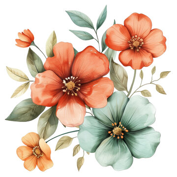 Watercolor Terracotta Floral Clipart PNG element hand drawn flowers , Botanical plant illustration transparent background