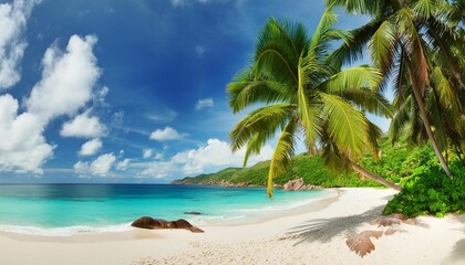 panorama of beautiful beach with coconut palms in tropical island seychelles summer vacation and tropical beach concept