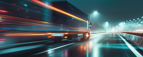 A long-exposure shot of a truck moving swiftly on a highway with light trails under the night sky.