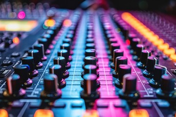 A close-up view of a sound mixers knobs, illuminated in vibrant blue and pink lighting