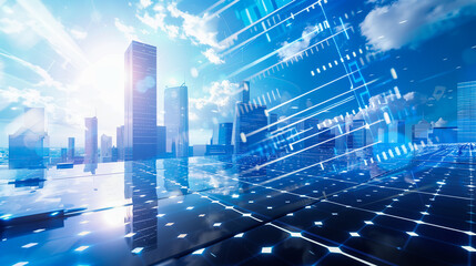 Fototapeta premium Futuristic city skyline with solar panels and digital technology overlay