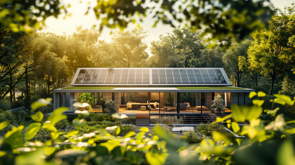 Naklejka premium Modern eco-friendly house with solar panels on the roof surrounded by lush greenery