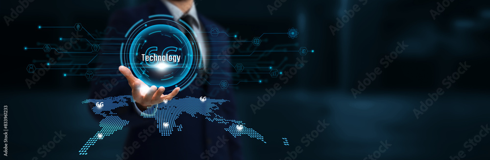 Poster 6g: businessman hand hold 6g network connecting icon to business and innovation with advanced system