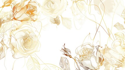 Rose floral, luxury botanical on white background vector, empty space in the middle to leave room for text or logo, gold line wallpaper, leaves, flower, foliage, hand drawn