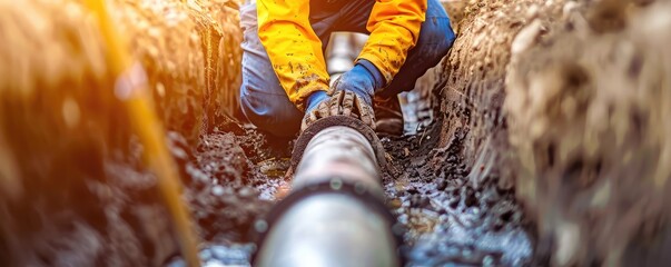 An industrial scene of a worker in high-visibility clothing installing pipes in a large trench.
