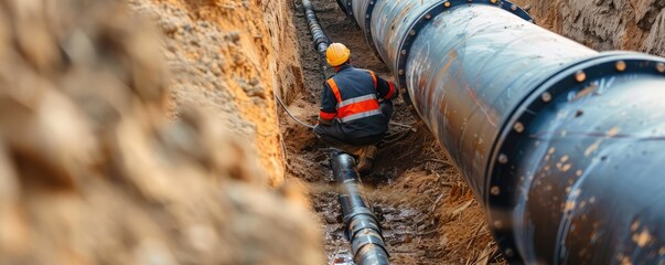 An industrial scene of a worker in high-visibility clothing installing pipes in a large trench.