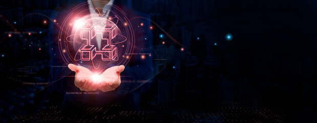 Blockchain Technology Businessman Holding Global Structure Networking and Decentralized...
