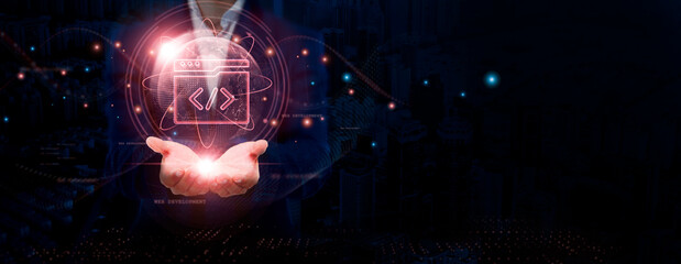 Web Development Businessman Holding Global Structure Networking and Web Connectivity, Innovation,...