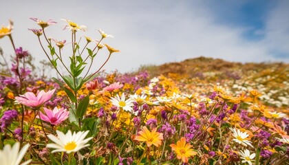 a field of flowers with a bright blue sky in the background colorful daisy meadow