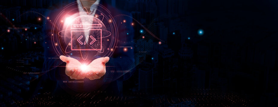Web Development Businessman Holding Global Structure Networking and Web Connectivity, Innovation, Accessibility, Functionality, and Social Network.