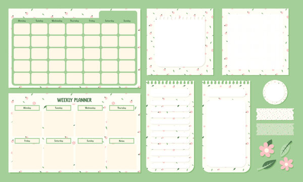 Set of Weekly Monthly planner printable vector template with cute kawaii notepad and stickers