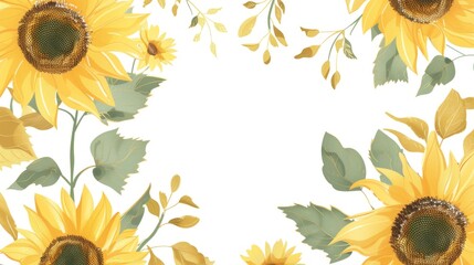 Sunflowers floral, luxury botanical on white background vector, empty space in the middle to leave room for text or logo, gold line wallpaper, leaves, flower, foliage, hand drawn