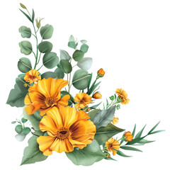 Fototapeta premium Clipart of marigold flowers and eucalyptus leaves arranged in a floral corner design, perfect for decorative and botanical projects.