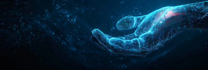 Digital hand hologram on dark background with copy space. Neural network connection. Communication with artificial intelligence.