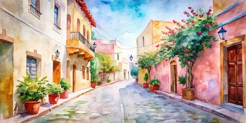 Beautiful street in Rethymno Crete Greece, captured in a watercolor painting, Rethymno, Crete, Greece, street, architecture, buildings, colorful, traditional, charming, picturesque