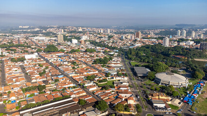 Fototapeta premium City in Brazil, aerial view of a city in Brazil at dawn, drone scene.