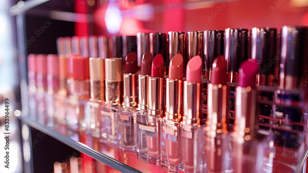 Poster various shades of lipsticks arranged neatly on shelves in a well-lit makeup store, showcasing a wide