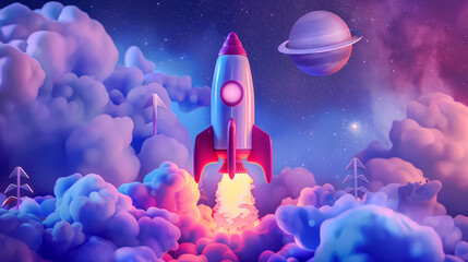 3D Realistic Cartoon Space Rocket with Smoke Featuring Pastel Colors, Rendered with Soft Lighting