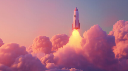 Fototapeta premium 3D Realistic Cartoon Space Rocket with Smoke Featuring Pastel Colors, Rendered with Soft Lighting