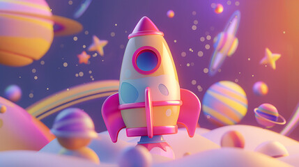 3D Realistic Cartoon Space Rocket with Smoke Featuring Pastel Colors, Rendered with Soft Lighting