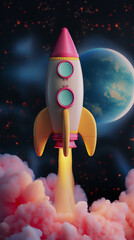 3D Realistic Cartoon Space Rocket with Smoke Featuring Pastel Colors, Rendered with Soft Lighting