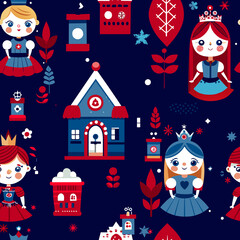 The image is a repeating pattern of red and blue princesses alternating with small houses, all set against a light blue background.a seamless pattern