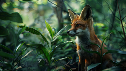 close up of a prretty fox in the park, beautiful fox in the grass, portrait of a fox