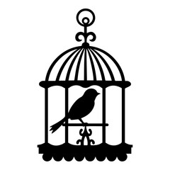 A black silhouette of a bird in a decorative birdcage