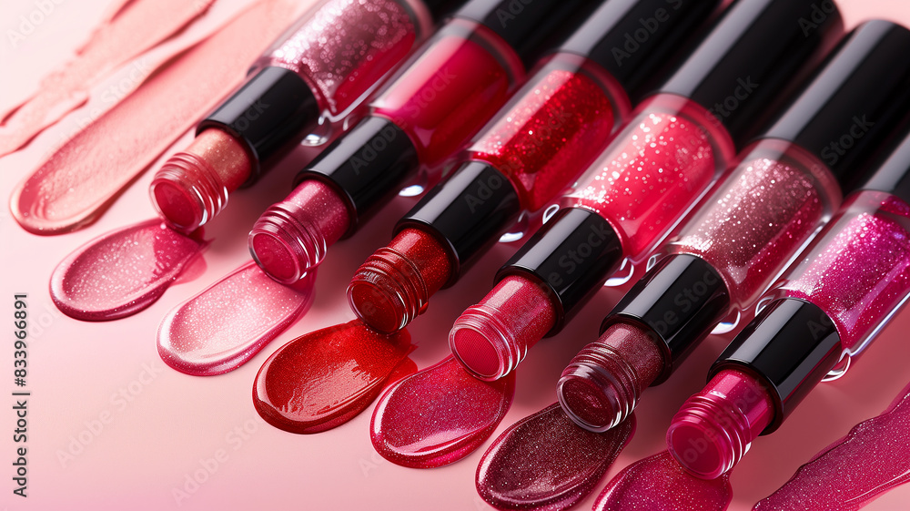 Poster Assorted lipsticks neatly arranged in a row on a vibrant pink background.