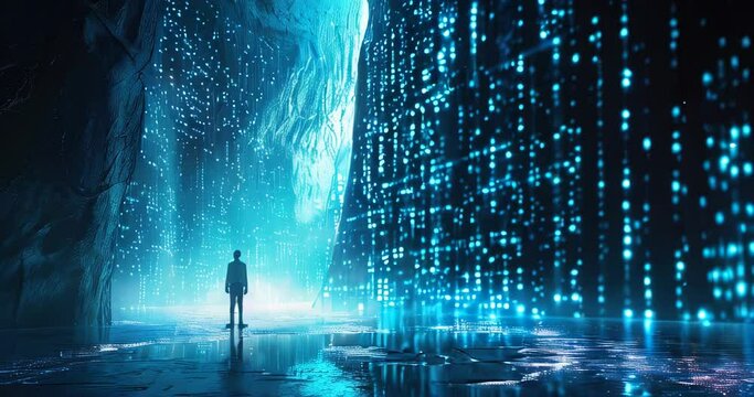 Vast illuminated data canyon with a lone figure, showcasing the depth of data analysis exploration. Data mining visualization