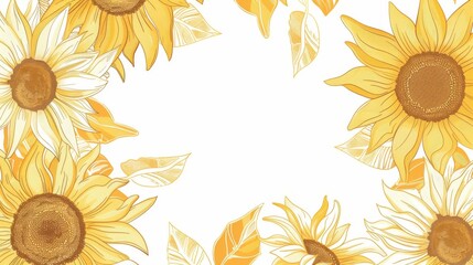Sunflowers floral, luxury botanical on white background vector, empty space in the middle to leave room for text or logo, gold line wallpaper, leaves, flower, foliage, hand drawn