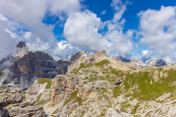 Dolomites beautiful mountain landscape on a sunny day. Hiking in the Alps in Italy, South Tirol mountain range of Alpi Dolomiti di Sesto near Cortina di Amprezzo and Tre Cime di Lavaredo alpine scene
